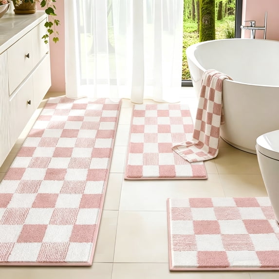 Bathroom Rugs, Yamaziot Checkered Bath Rugs Set 3, Non Slip Absorbent Bathroom Runner with Toilet Cover Mat, Washable Extra Soft Microfiber Floor Carpet