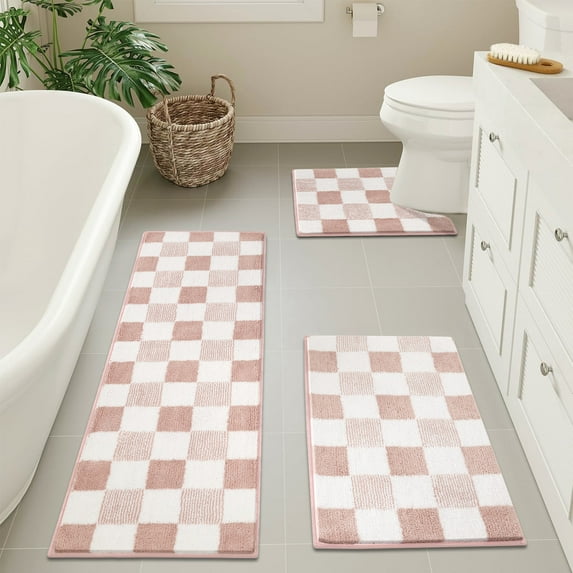 Bathroom Rugs, Yamaziot Checkered Bath Rugs Set 3, Non Slip Absorbent Bathroom Runner with Toilet Cover Mat, Washable Extra Soft Microfiber Floor Carpet