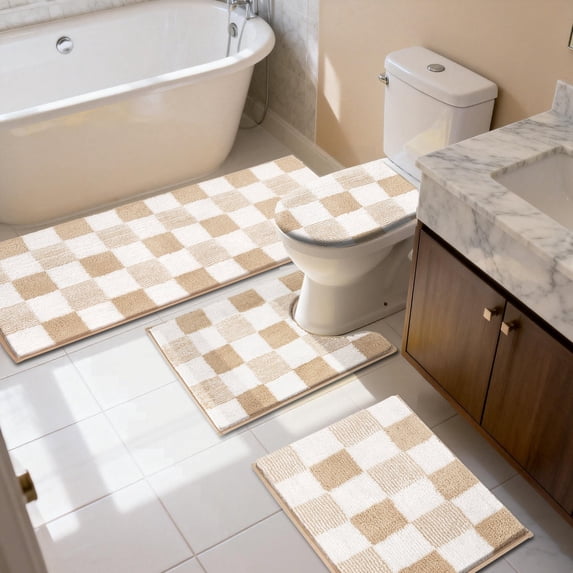 Bathroom Rugs, Yamaziot Checkered Beige Bath Rugs Runner with Toilet Mat, Non Slip Water Absorbent Microfiber, 4 Count
