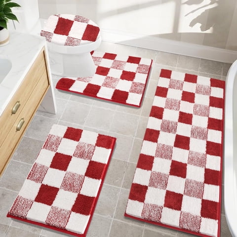 Bathroom Rugs, Yamaziot Checkered Red Bath Rugs Runner with Toilet Mat, Non Slip Water Absorbent Microfiber, 4 Count