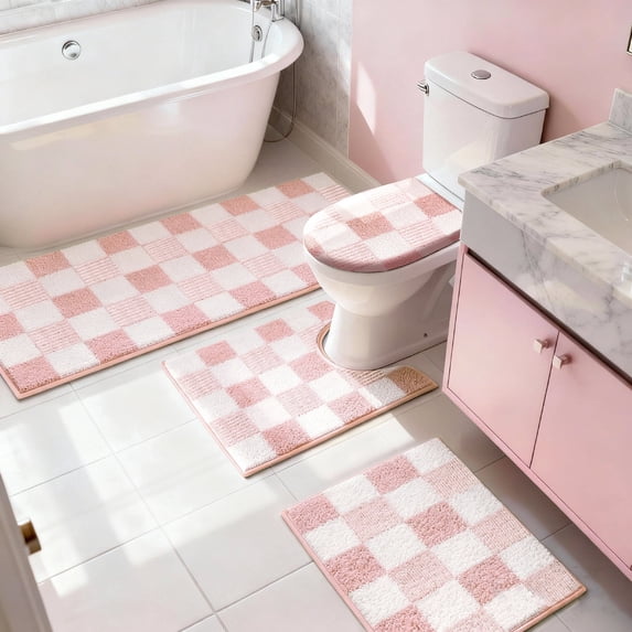 Bathroom Rugs, Yamaziot Checkered Pink Bath Rugs Runner with Toilet Mat, Non Slip Water Absorbent Microfiber, 4 Count