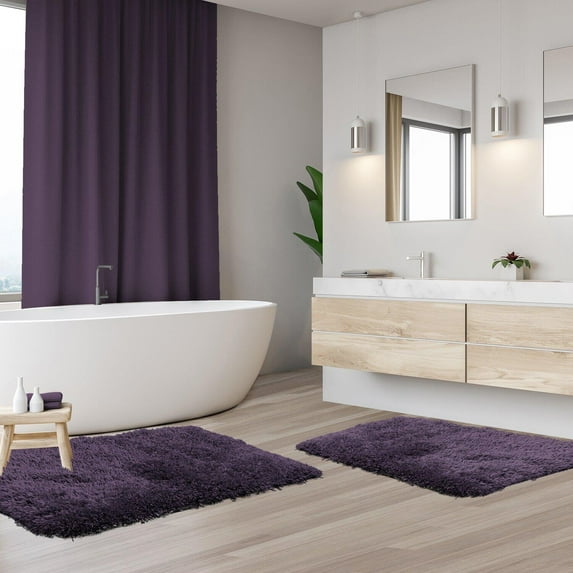 Bathroom Rugs and Mats Sets, 2 PCS Non-Slip Fluffy Soft Bath Mat, Machine Washable Super Absorbent Shower Rugs for Bathroom, Purple