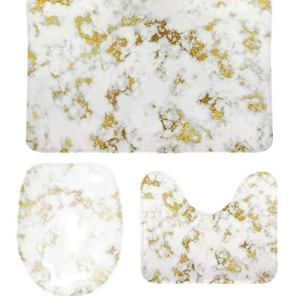 Bathroom Rugs and Mats Sets 3 Piece Abstract Gold White Marble Print Washable Non Slip U-Shaped Contour Rug Mat and Lid Cover