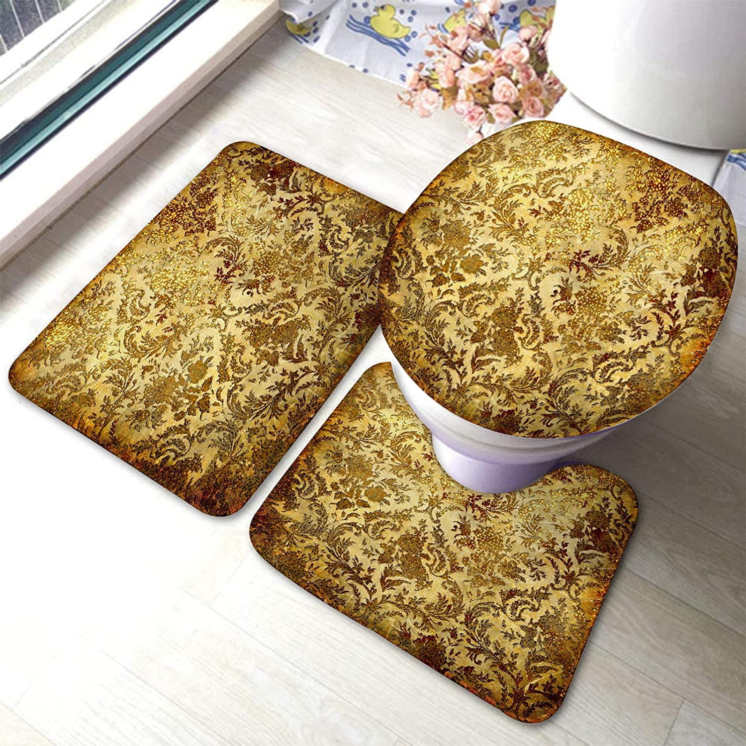 Bathroom Rugs and Mats Sets 3 Piece Beige Gold Vintage in Golden ...