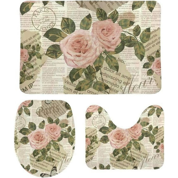 Bathroom Rugs and Mats Sets 3 Piece Paris Vintage Roses Washable Non Slip U-Shaped Contour Rug Mat and Lid Cover for Bathroom