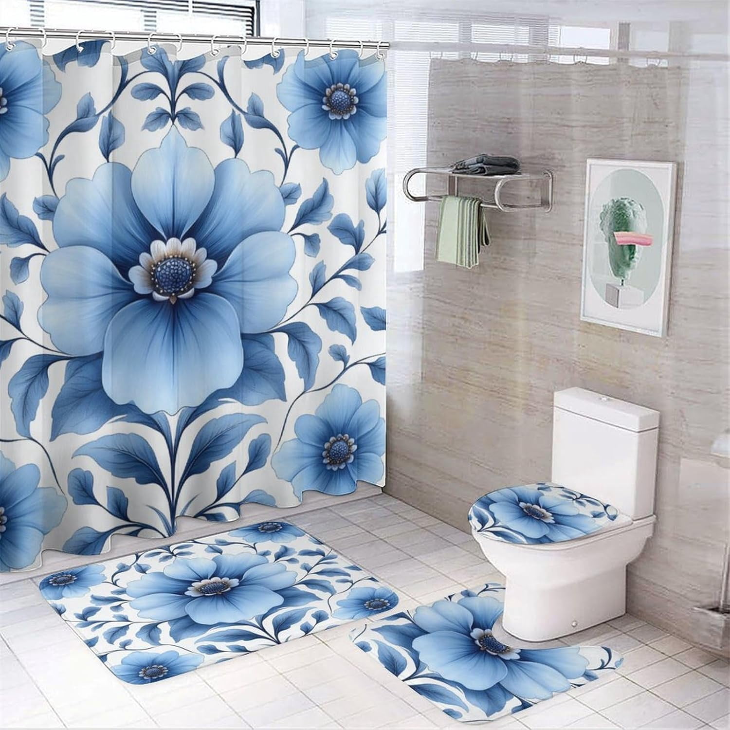 Angled Shower Rugs Bathroom Rugs4 Piece with Shower Curtain sets Autumn Leaf Pattern ...