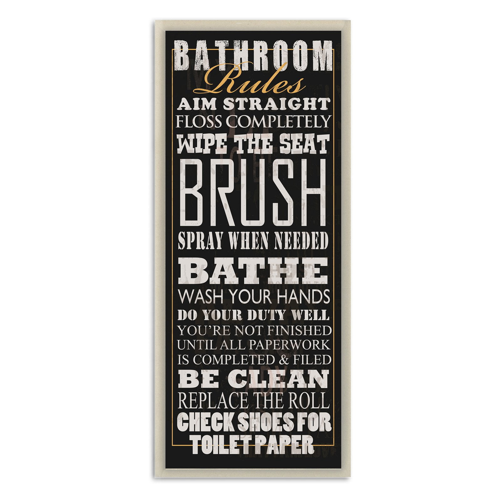 Bathroom Rules Black Typography Tall Bathroom Wall Plaque