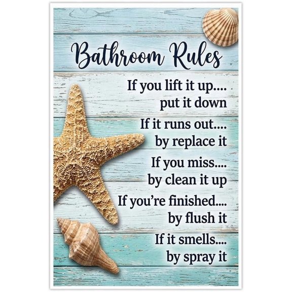 Bathroom Rules Canvas Wall Art Poster Funny Coastal Beach Decor Seashell Starfish Nautical Rustic Blue Wood Print for Kids Guest Bathroom Powder Room Home