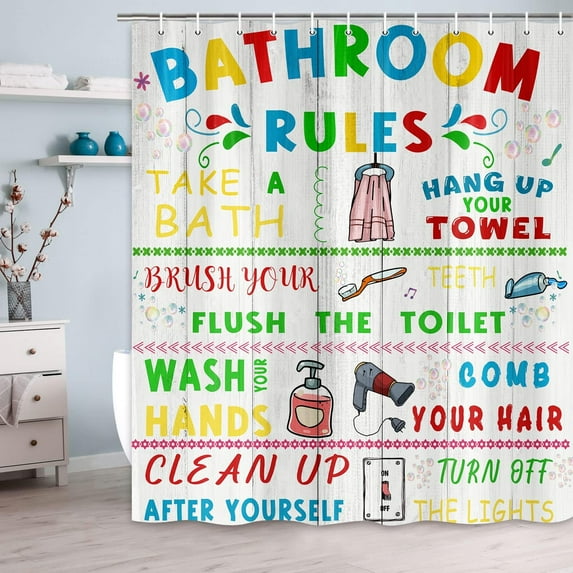 Bathroom Rules Girls Boys Teen Shower Curtain, Funny Motivational Words Colorful Inspirational Wooden Nursery Bathroom Kids Cloth Fabric Polyester Decor Set with Hooks, 72X72in