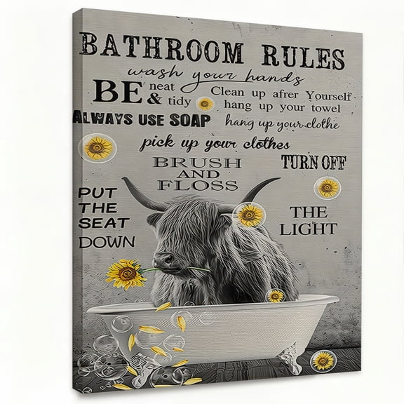 Bathroom Rules Highland Cow Canvas Wall Art with Frame