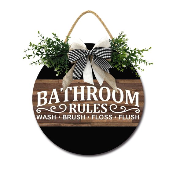 Bathroom Rules Sign Farmhouse Wood Sign Front Porch Decor Rustic Wooden Sign Wall Decor Hanging Wooden Decorations with Bow-Knot for Home Porch Wall Door, 11 x 11 inch