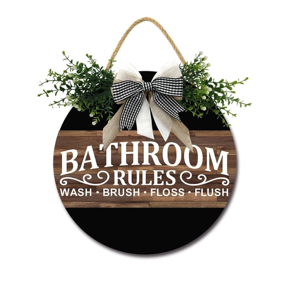 Bathroom Rules Sign Farmhouse Wood Sign Front Porch Decor Rustic Wooden Sign Wall Decor Hanging Wooden Decorations with Bow-Knot for Home Porch Wall Door, 12 x 12 inch