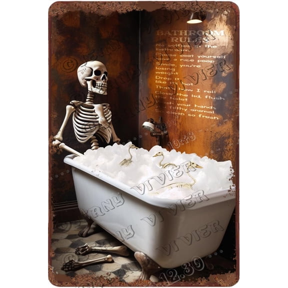 Bathroom Rules Skeleton Metal Sign Vintage 8x12 Inch Aluminum Wall Art, Skull-in-Bathtub Funny Gothic Bathroom Decor for Home, Powder Room, Halloween, Housewarming Gift