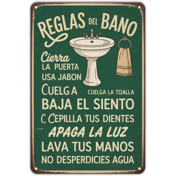 Bathroom Rules Spanish Bathroom Rules tin sign Vintage Washroom Metal Sign Print Aesthetic for Garden Yard Bar Porch Home Bedroom Kitchen Wall Decor Decor Gift 8 x 12 inch