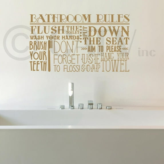Bathroom Rules Subway Collage Vinyl Lettering Wall Decal Sticker (12.5"H x 22"L, Metallic Gold)