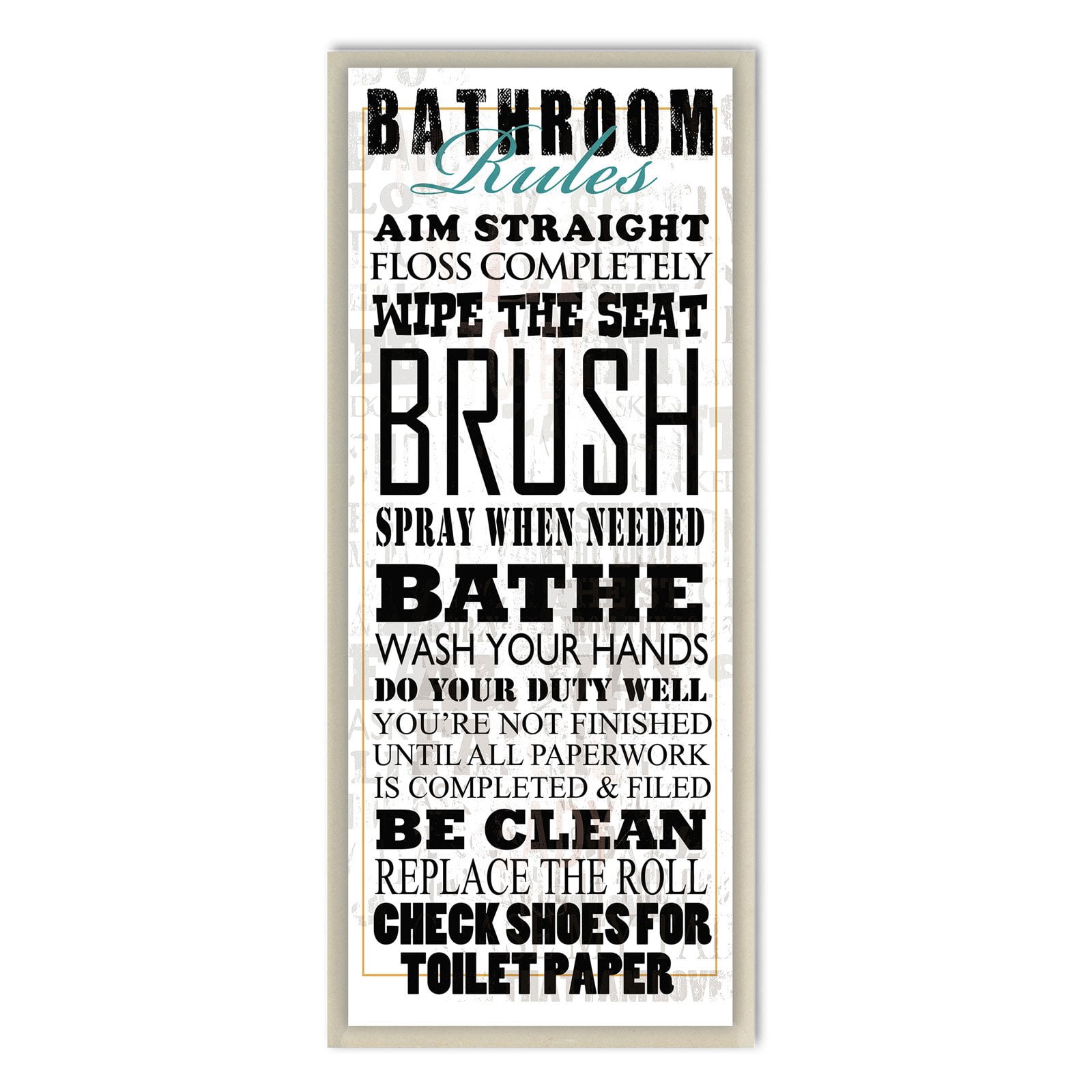 Bathroom Rules Typography Tall White Bathroom Wall Plaque