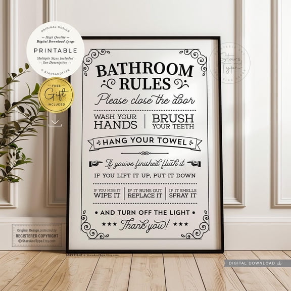 Bathroom Rules Vintage Fun Quote Poster, Unframed Size 8x12