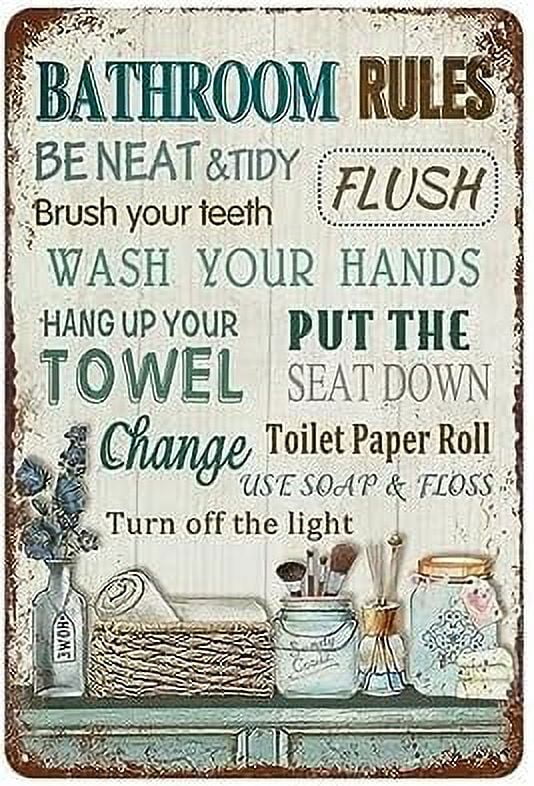 Bathroom Rules Vintage Tin Sign Wall Decor Farmhouse Bathroom Tin Sign for Toilet Restroom