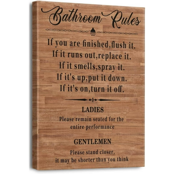 Bathroom Rules Wall Art Canvas Print Wall Decor Framed Ready to Hang for Bathroom Toilet Rules Sign 12" x 16"