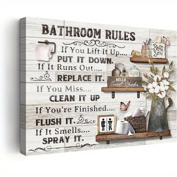 Bathroom Rules Wall Art Canvas Print with Frame Rustic Farmhouse Decor