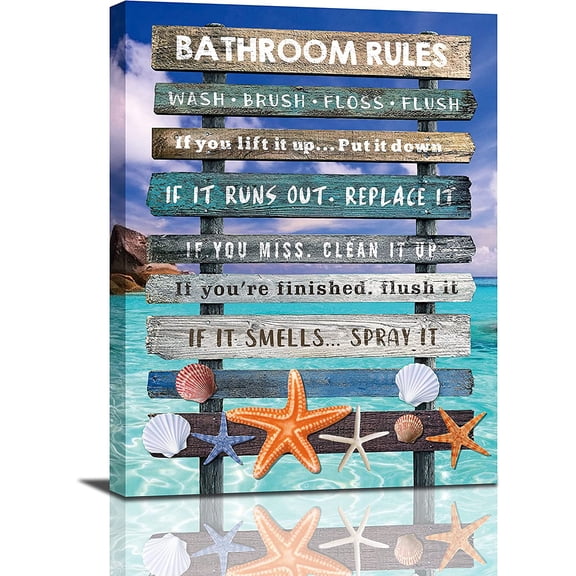 Bathroom Rules Wall Decor Toilet Bathroom Canvas Wall Art Prints Signs Ocean Background Bathroom Pictures Artwork Framed bath Laundry Home Decor 12x16inch