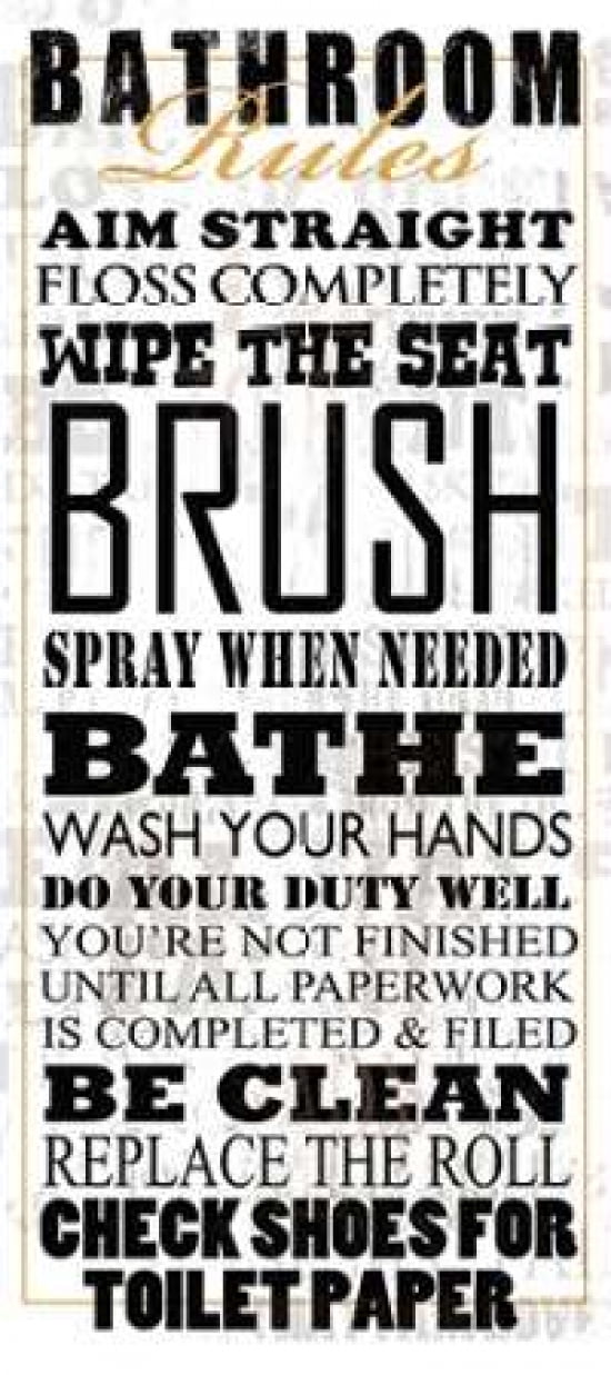 Bathroom Rules - White Canvas Art - Jim Baldwin (10 x 20)