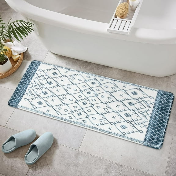 Bathroom Runner Rug 18x47 inch Long Boho Bath Mat Non-Slip Moroccan Farmhouse Gray Bath Rug Soft Velvet Machine Washable Bathroom Mats for Tub Sink Shower