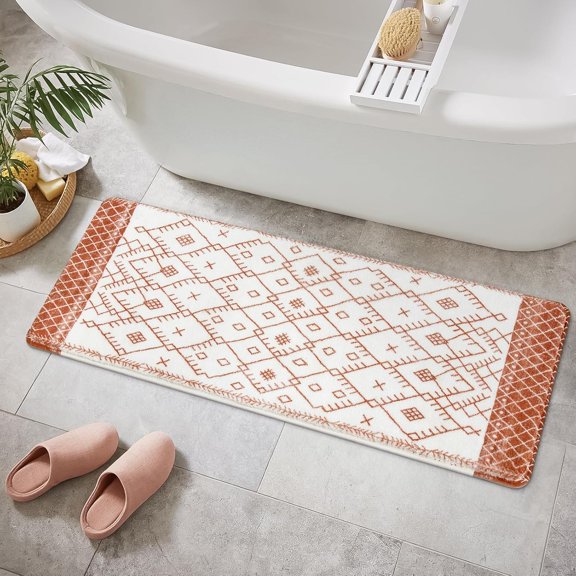 Bathroom Runner Rug 18x47 inch Long Boho Bath Mat Non-Slip Moroccan Farmhouse Gray Bath Rug Soft Velvet Machine Washable Bathroom Mats for Tub Sink Shower