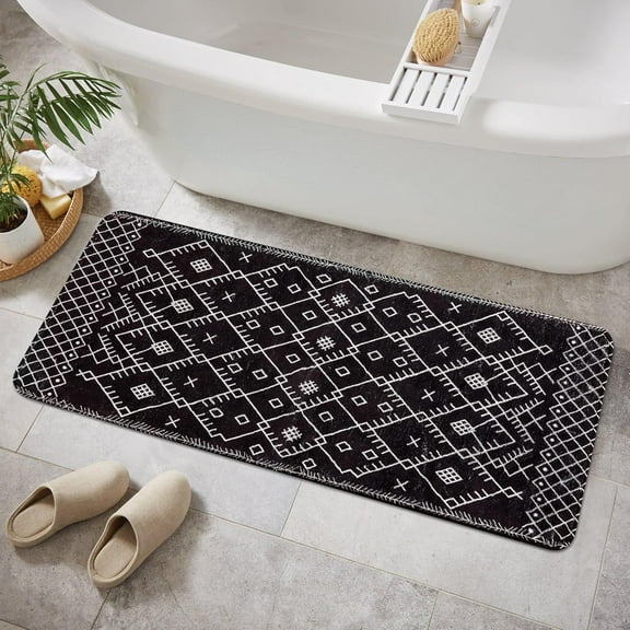 Bathroom Runner Rug 18x47 inch Long Boho Bath Mat Non-Slip Moroccan Farmhouse Gray Bath Rug Soft Velvet Machine Washable Bathroom Mats for Tub Sink Shower