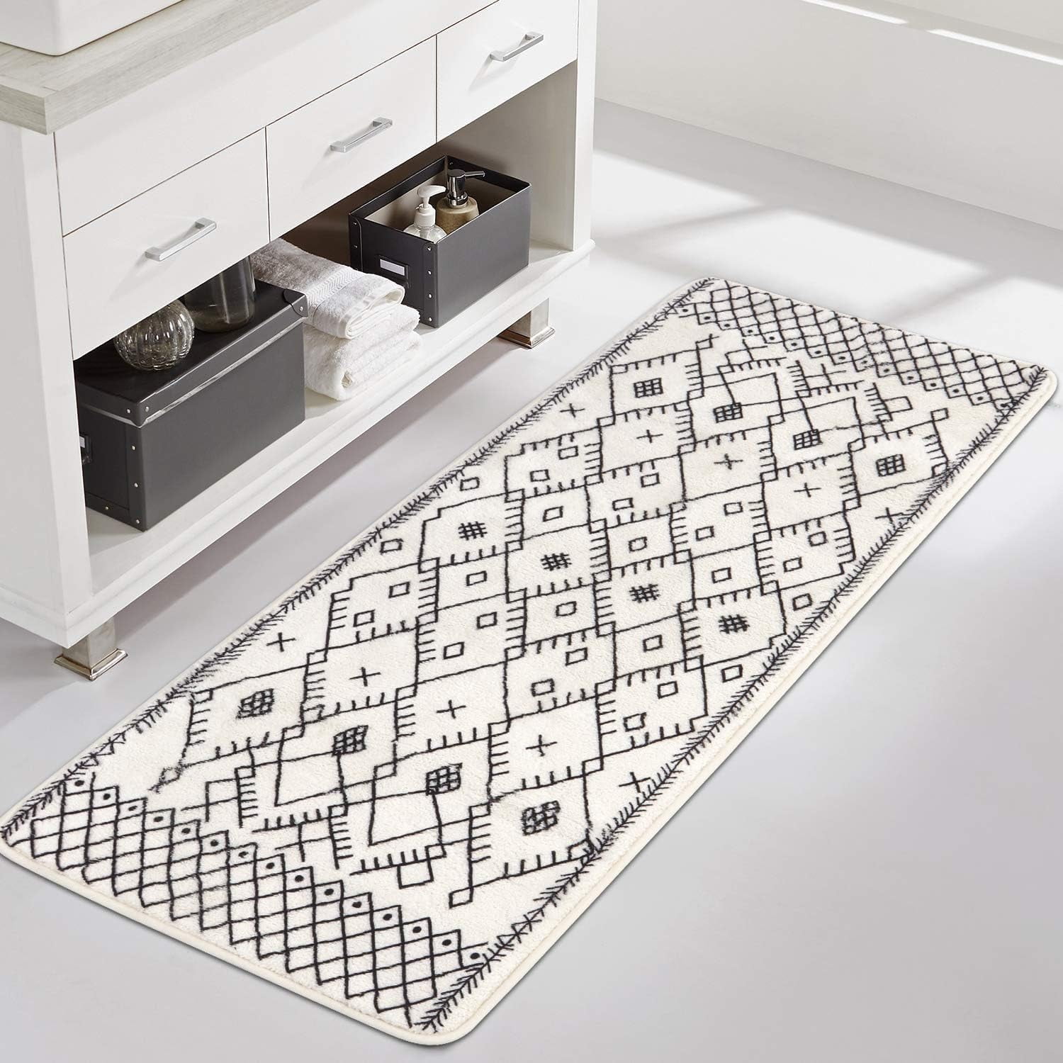 Bathroom Runner Rug 20x59 inch Boho Long Mat Non-Slip Moroccan Geometric Farmhouse Rug Soft Microfiber Machine Washable Floor Mats for Bath Tub Sink Hallway Laundry Room