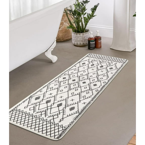 Bathroom Runner Rug 20x59 inch Long Boho Bath Mat Non-Slip Moroccan Farmhouse Gray Bath Rug Soft Velvet Machine Washable Bathroom Mats for Tub Sink Shower