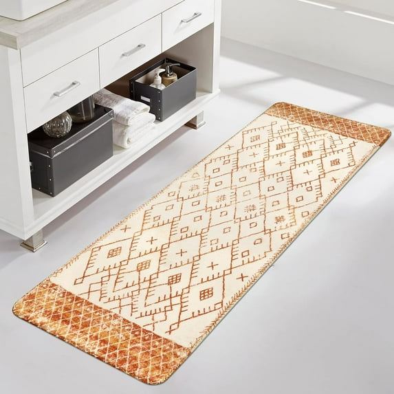 Bathroom Runner Rug 20x59 inch Long Boho Bath Mat Non-Slip Vintage Moroccan Farmhouse Orange Distressed Bath Rug Soft Velvet Machine Washable Bathroom Mats for Tub Sink Shower