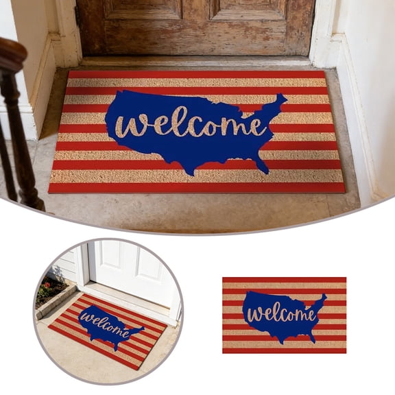 Bathroom Runner Rug, 4th of July Area Rug with Tassel, Washable Woven Throw Runner Carpet, Independent Day Red Blue Stars on Linen Stainproof Bath Mat for Entryway Floor,A