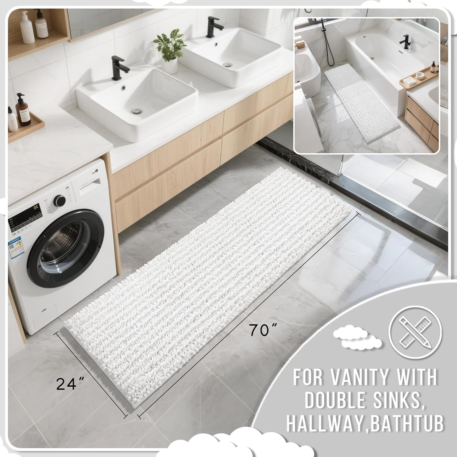 Bathroom Runner Rug 70x24 Inch - Extra Long Non Slip Chenille Bath Mat ...