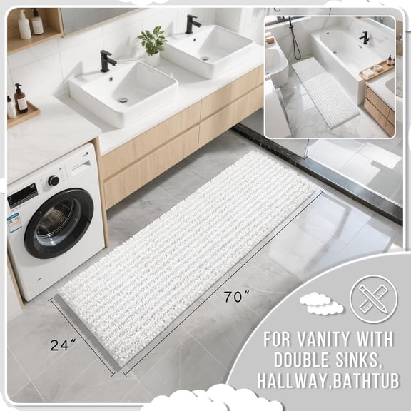 Bathroom Runner Rug 70x24 Inch - Extra Long Non Slip Chenille Bath Mat, Soft & Absorbent, Machine Washable Shaggy Hallway Carpet for Vanity Tub Shower, White Home Decor Accessories