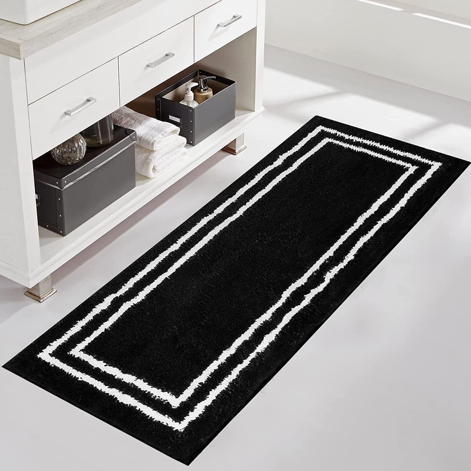 Bathroom Runner Rug Black Non-Slip Long Bath Mat Soft and Water Absorbent Bath Rug Machine Washable Fluffy Microfiber Floor Mats for Bathroom Tub Sink Shower,20x59 inch