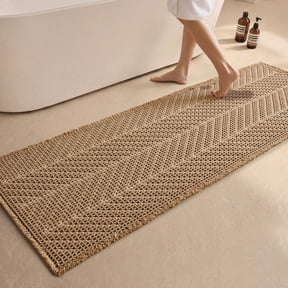 Bathroom Runner Rug Boho Herringbone Waffle Non-Slip Washable Super Absorbent Quick Dry Farmhouse Style 24" x 72" Khaki