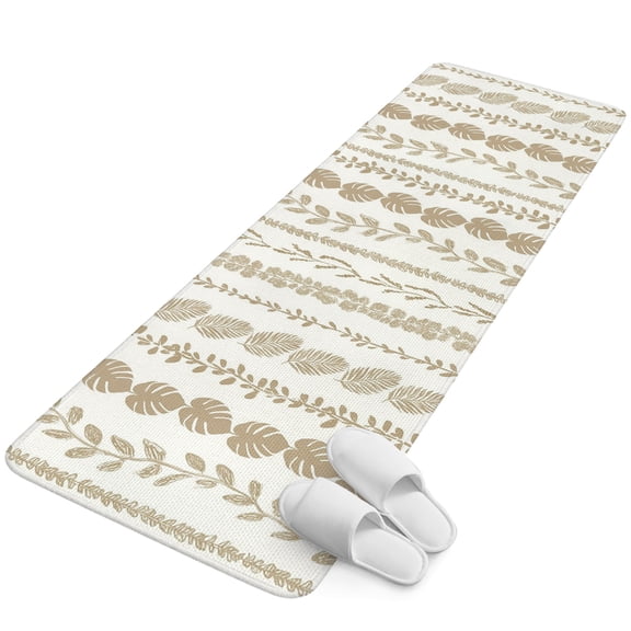 Bathroom Runner Rug, Brown Botanical Absorbent Non Slip Washable Rug, Summer Botanical Leaf Vertical Stripes Low Profile Long Kitchen Rugs for Bedside, Hallway, Laundry, 16x47 In