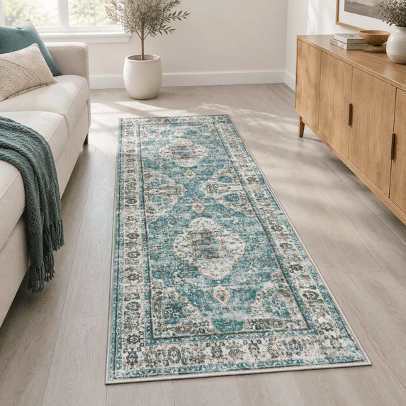 Bathroom Runner Rug Distressed Tribal Farmhouse Blue Mat Large Rugs Non ...