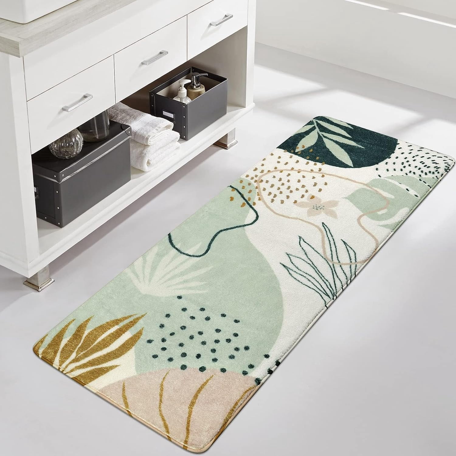 Bathroom Runner Rug Green Botanical Long Bath Mat Non-Slip Modern Boho ...
