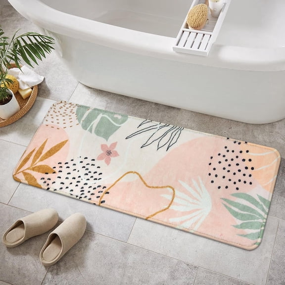 Bathroom Runner Rug Green Botanical Long Bath Mat Non-Slip Modern Boho Bath Rug Soft Velvet Machine Washable Floor Mats Aesthetic Design for Bathroom Tub Shower,17x31.5in
