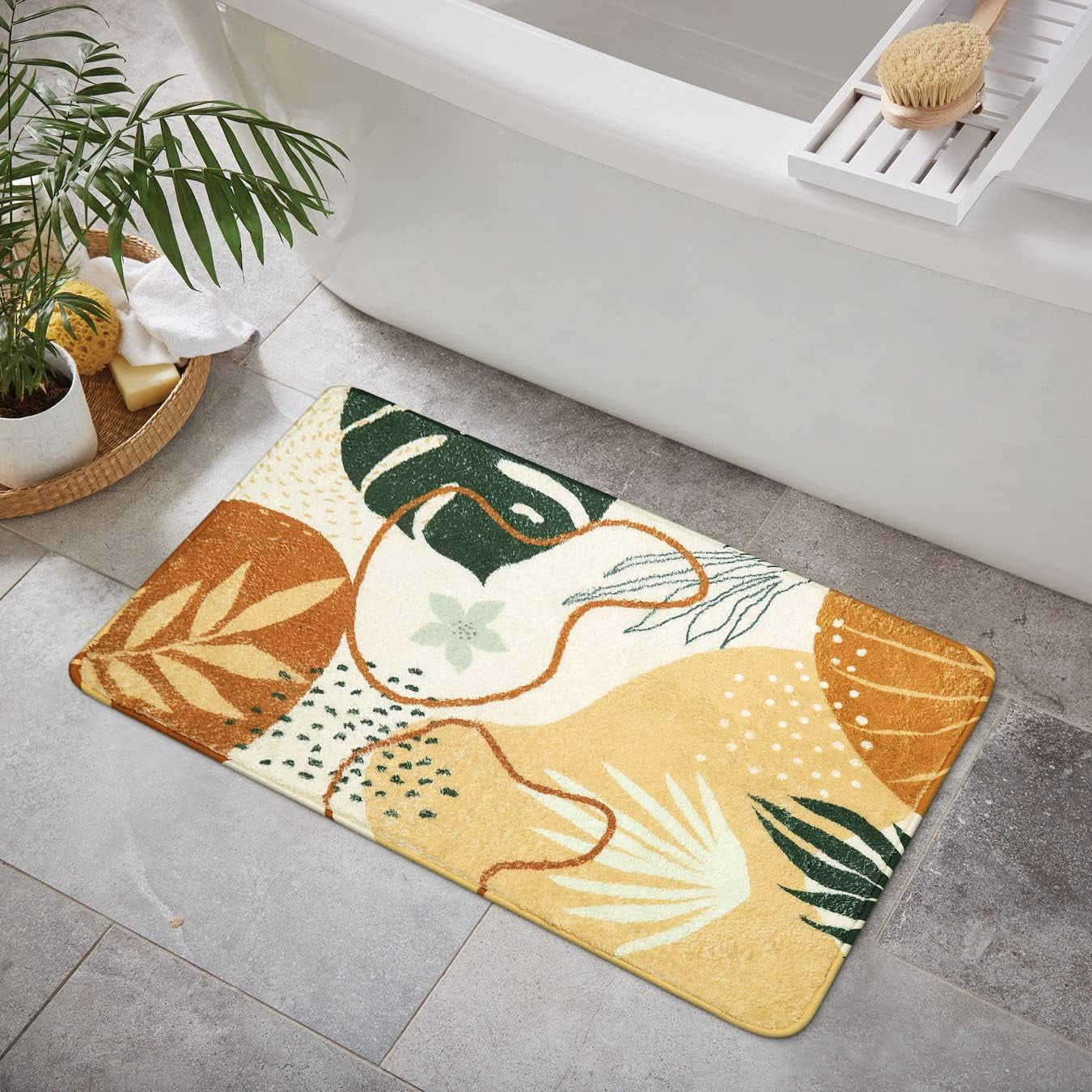 Bathroom Runner Rug Green Botanical Long Bath Mat Non-Slip Modern Boho ...