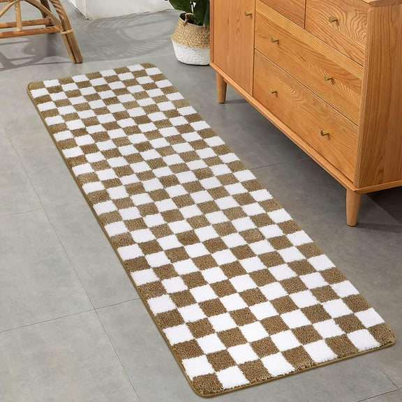 Bathroom Runner Rug, Khaki Checkered Long Bath Mat, Non Slip Water Absorbent Bath Rug, Soft Microfiber Machine Washable Bathroom Floor Mat for Bathtub Sink Laundry, 20x59 inch