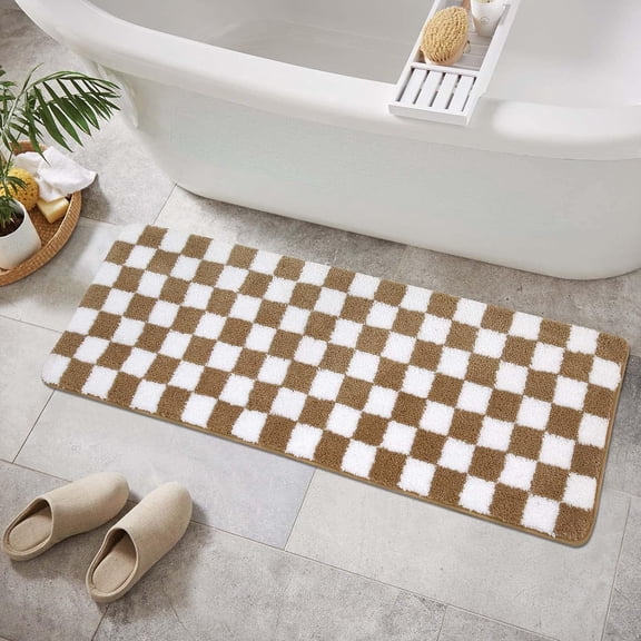 Bathroom Runner Rug Khaki Checkered Long Bath Mat Non Slip Water Absorbent Bath Rug Soft Microfiber Machine Washable Floor Mats for Bathtub Showers,18"x47"