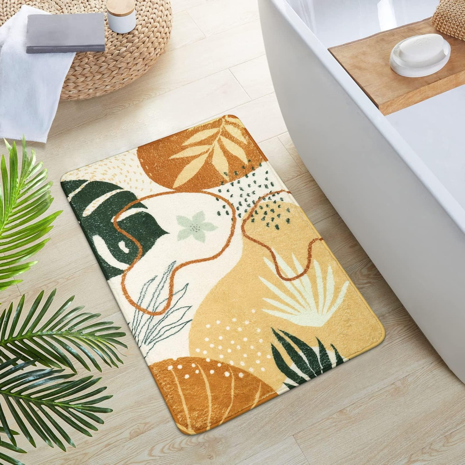 Bathroom Runner Rug Modern Abstract Long Bath Mat Non-Slip Cute Green Plant Bath Rug Soft Velvet Machine Washable Floor Mats for Bathroom Tub Shower