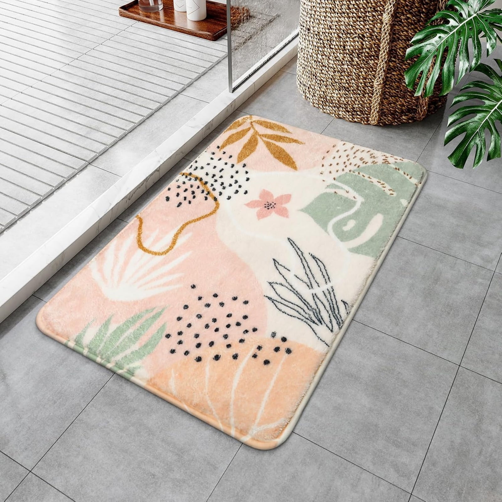 Bathroom Runner Rug Modern Abstract Long Bath Mat Non-Slip Cute Green Plant Bath Rug Soft Velvet Machine Washable Floor Mats for Bathroom Tub Shower