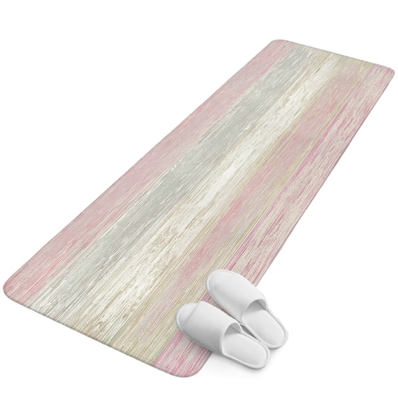 Bathroom Runner Rug, Pink Grey Absorbent Non Slip Washable Rug, Farmhouse Gray Barn Wooden Vintage Striped Low Profile Long Kitchen Rugs for Bedside, Hallway, Laundry, 16x47 In