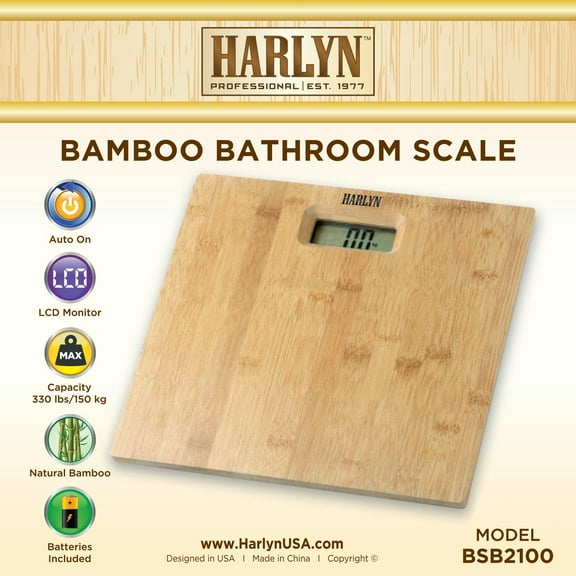 Bathroom Scale - 330 LBS / 150 kg max weight - Natural Bamboo - Step-on Technology - Digital Body Weight BSB2100 by Harlyn Designed in USA