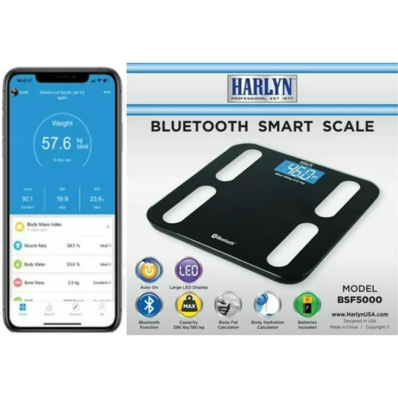 Bathroom Scale 400 LBS - Body Fat & Body Hydration Calculator - Step-on Technology - Bluetooth Smart Body Weigh with Mobile App - BSF5000 by Harlyn Designed in USA