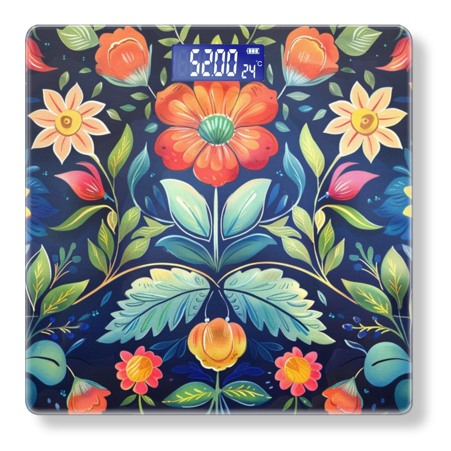 Bathroom Scale, Highly Accurate Digital Body Scale,Precisely Measures Weight up to 400 lbs-Beautiful Colorful Folk Art Floral Pattern On Dark Blue Background
